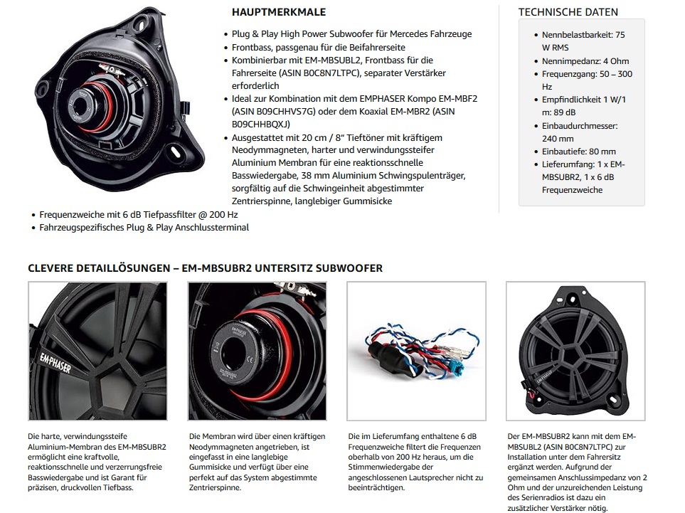 EMPHASER EM-MBSUBR2 Untersitzbass, Underseat Subwoofer kompatibel mit Mercedes Benz A205, C205, S205, W205, S213, W213, C238, A238, C253, X253 und W222  &nbsp;